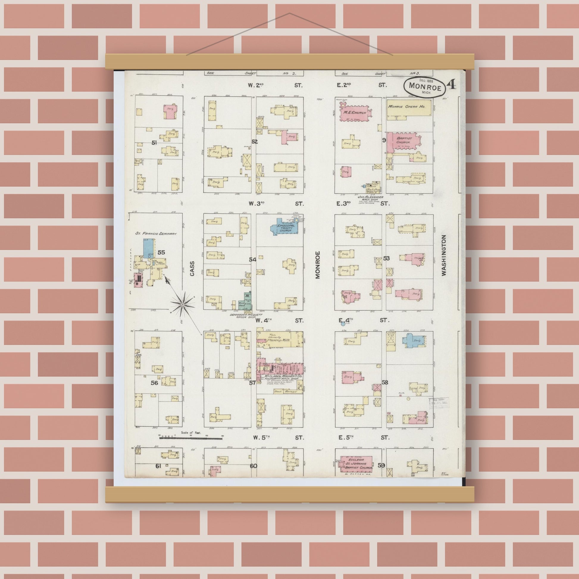 Old map wall art mockup — magnetic wood frame on brick wall — Sanborn Fire Insurance Map from Monroe, Monroe County, Michigan (1888), Sheet #0004