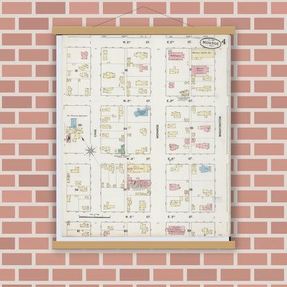 Old map wall art mockup — magnetic wood frame on brick wall — Sanborn Fire Insurance Map from Monroe, Monroe County, Michigan (1888), Sheet #0004