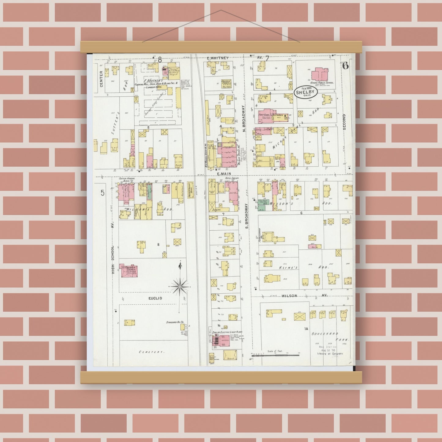 Old map wall art mockup — magnetic wood frame on brick wall — Sanborn Fire Insurance Map from Shelby, Richland County, Ohio (1899), Sheet #0006