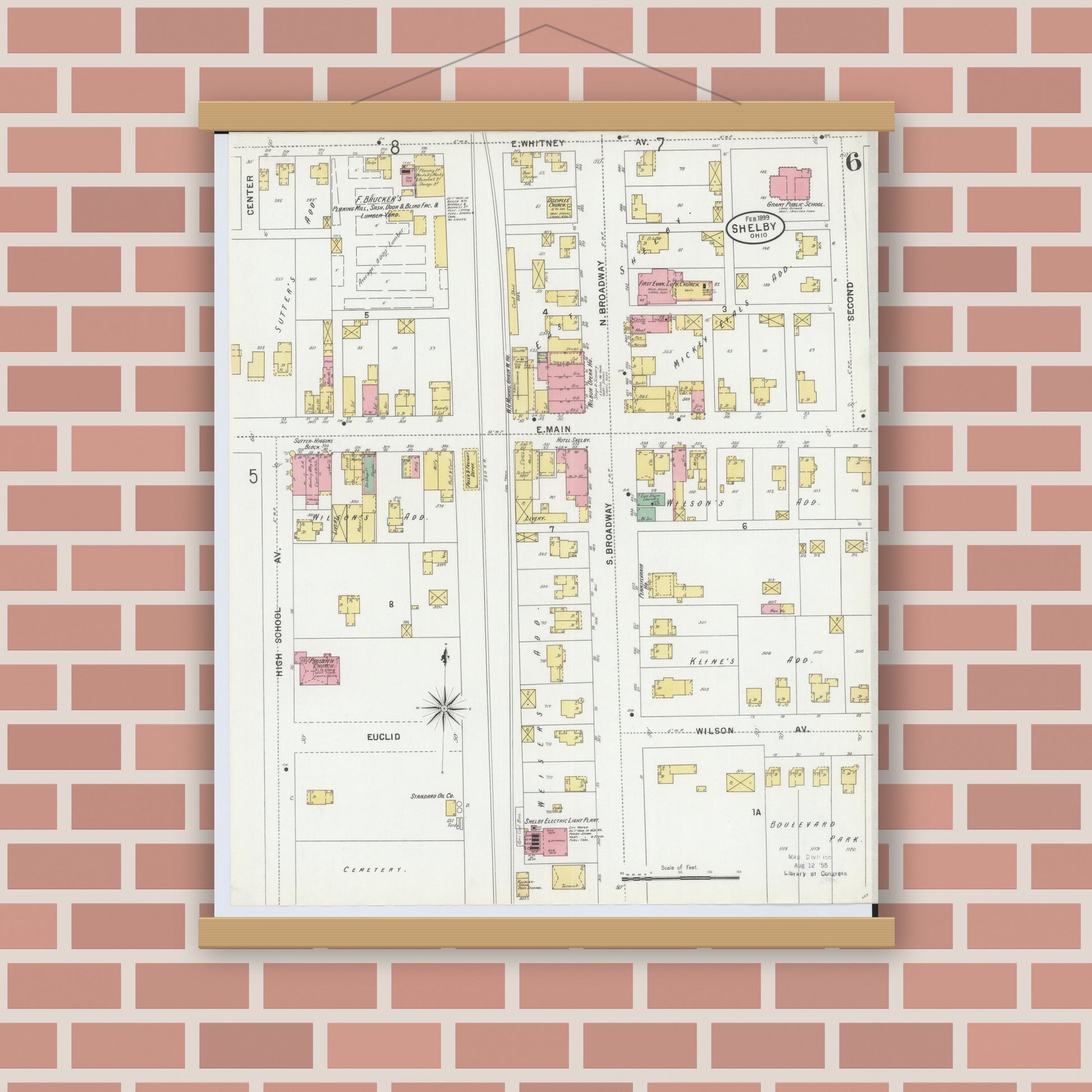 Old map wall art mockup — magnetic wood frame on brick wall — Sanborn Fire Insurance Map from Shelby, Richland County, Ohio (1899), Sheet #0006