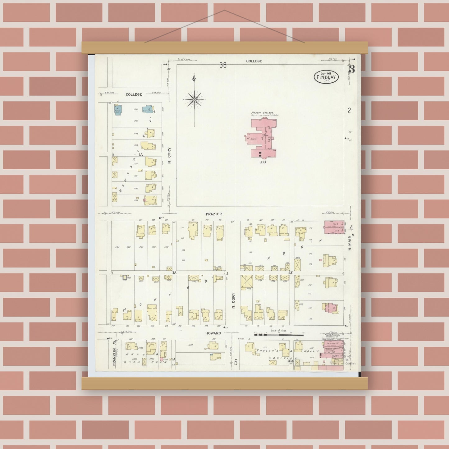 Old map wall art mockup — magnetic wood frame on brick wall — Sanborn Fire Insurance Map from Findlay, Hancock County, Ohio (1908), Sheet #0003