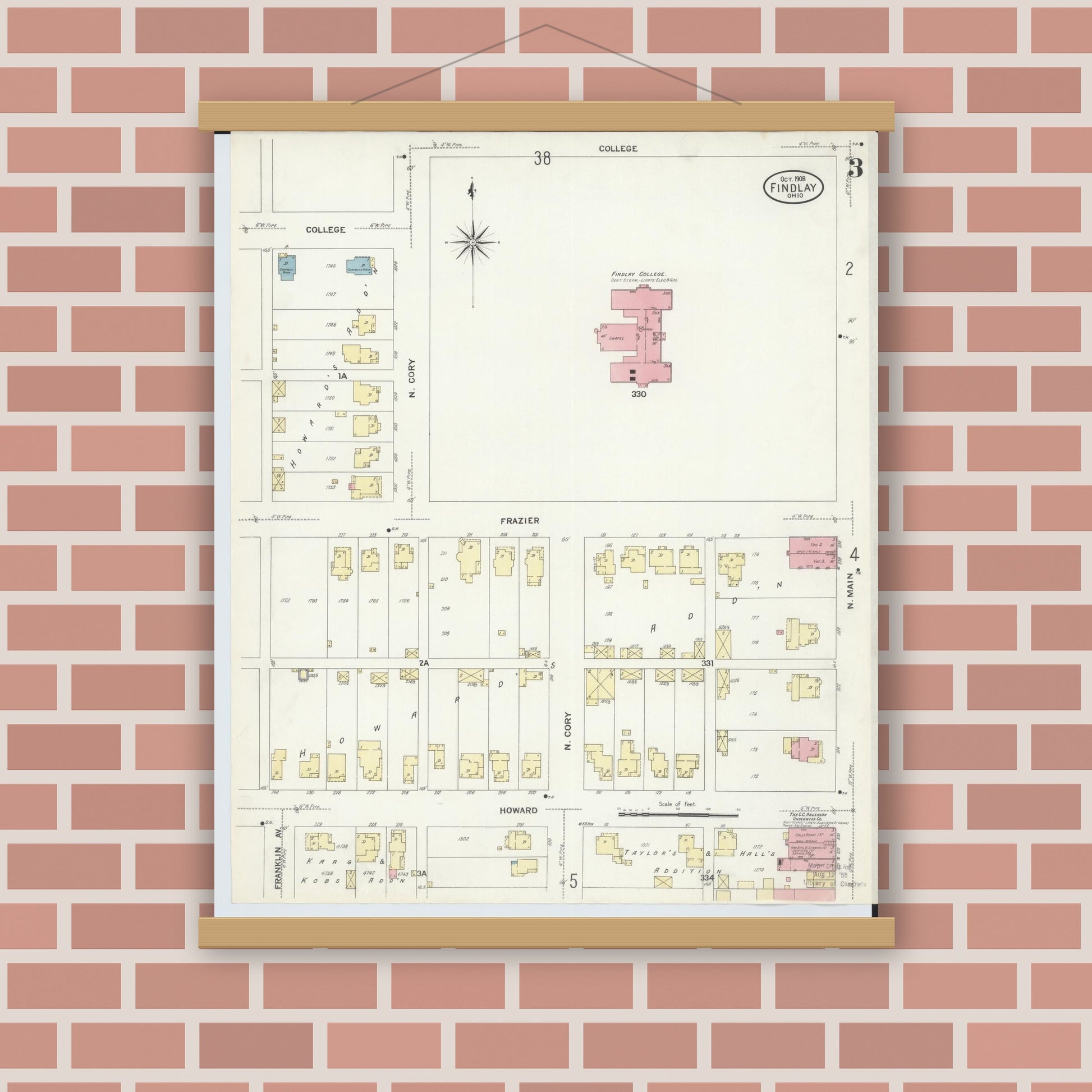 Old map wall art mockup — magnetic wood frame on brick wall — Sanborn Fire Insurance Map from Findlay, Hancock County, Ohio (1908), Sheet #0003