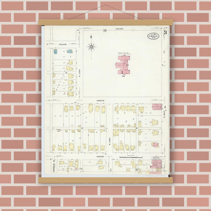 Old map wall art mockup — magnetic wood frame on brick wall — Sanborn Fire Insurance Map from Findlay, Hancock County, Ohio (1908), Sheet #0003