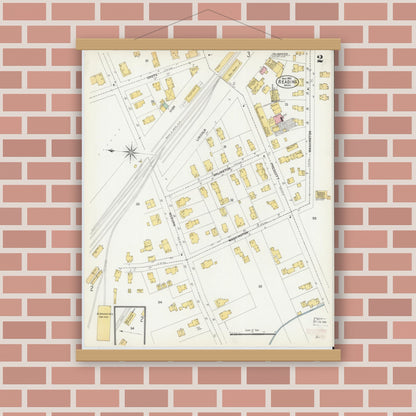 Old map wall art mockup — magnetic wood frame on brick wall — Sanborn Fire Insurance Map from Reading, Middlesex County, Massachusetts (1903), Sheet #0002