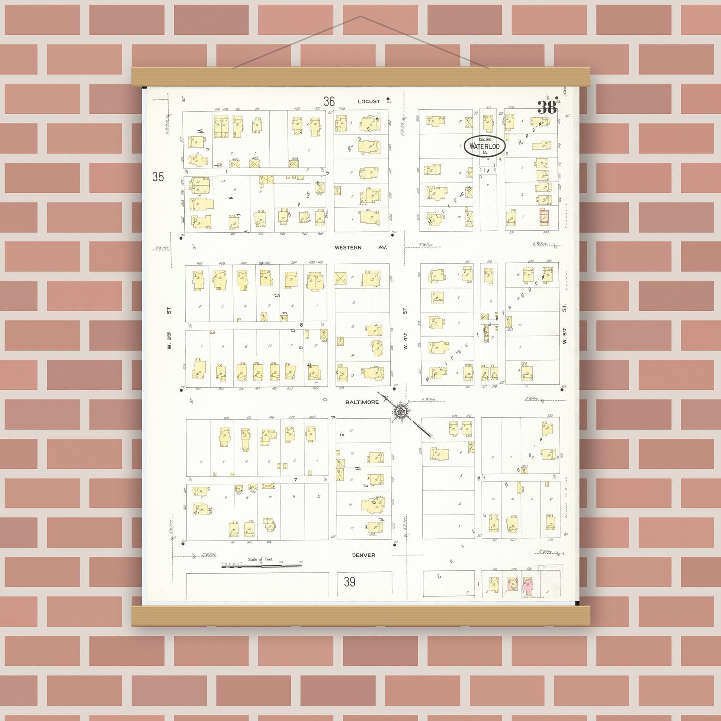 Old map wall art mockup — magnetic wood frame on brick wall — Sanborn Fire Insurance Map from Waterloo, Black Hawk County, Iowa (1910), Sheet #0038