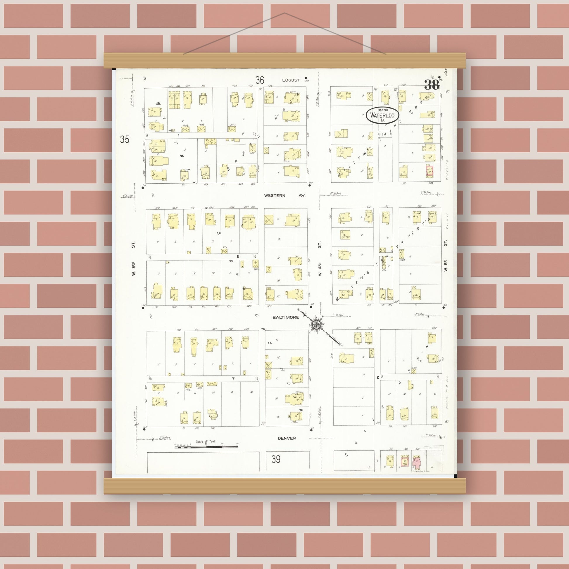 Old map wall art mockup — magnetic wood frame on brick wall — Sanborn Fire Insurance Map from Waterloo, Black Hawk County, Iowa (1910), Sheet #0038