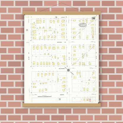Old map wall art mockup — magnetic wood frame on brick wall — Sanborn Fire Insurance Map from Waterloo, Black Hawk County, Iowa (1910), Sheet #0038
