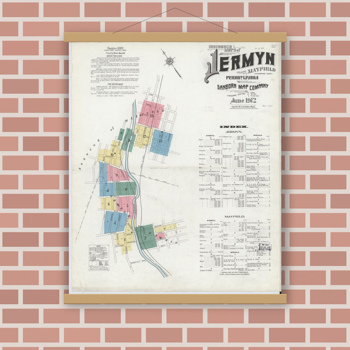 Old map wall art mockup — magnetic wood frame on brick wall — Sanborn Fire Insurance Map from Jermyn, Lackawanna County, Pennsylvania (1912) - Complete Map Set