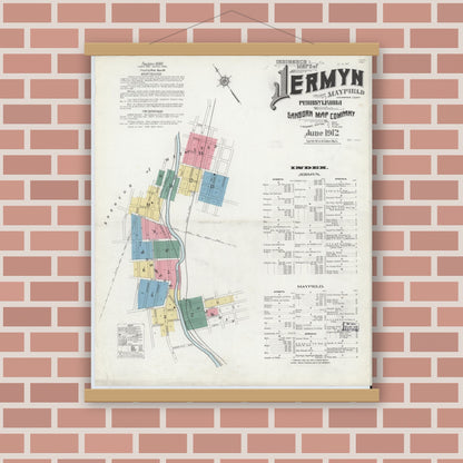 Old map wall art mockup — magnetic wood frame on brick wall — Sanborn Fire Insurance Map from Jermyn, Lackawanna County, Pennsylvania (1912) - Complete Map Set