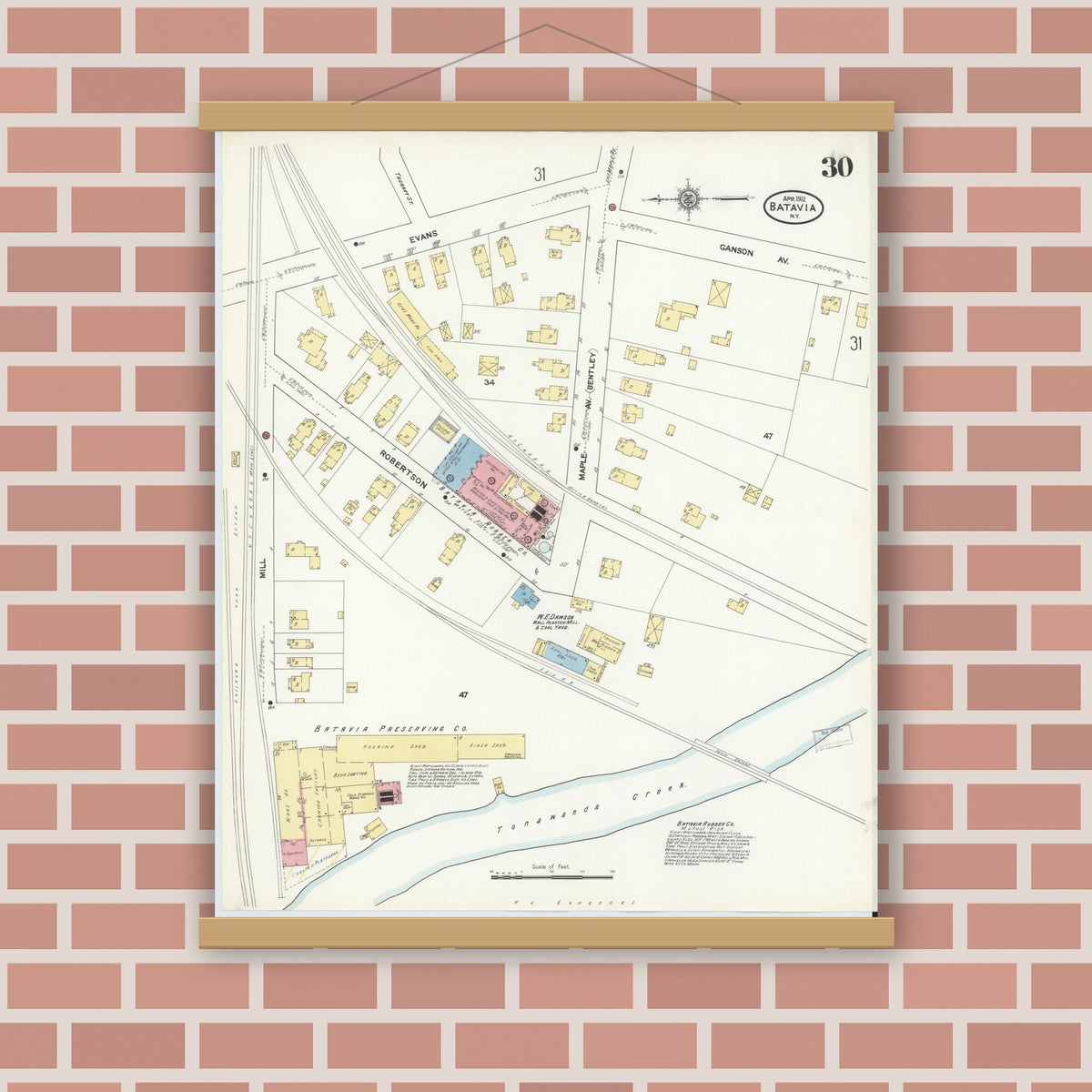 Old map wall art mockup — magnetic wood frame on brick wall — Sanborn Fire Insurance Map from Batavia, Genesee County, New York (1912), Sheet #0030