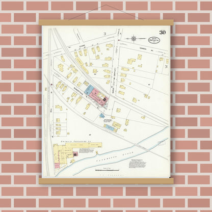 Old map wall art mockup — magnetic wood frame on brick wall — Sanborn Fire Insurance Map from Batavia, Genesee County, New York (1912), Sheet #0030