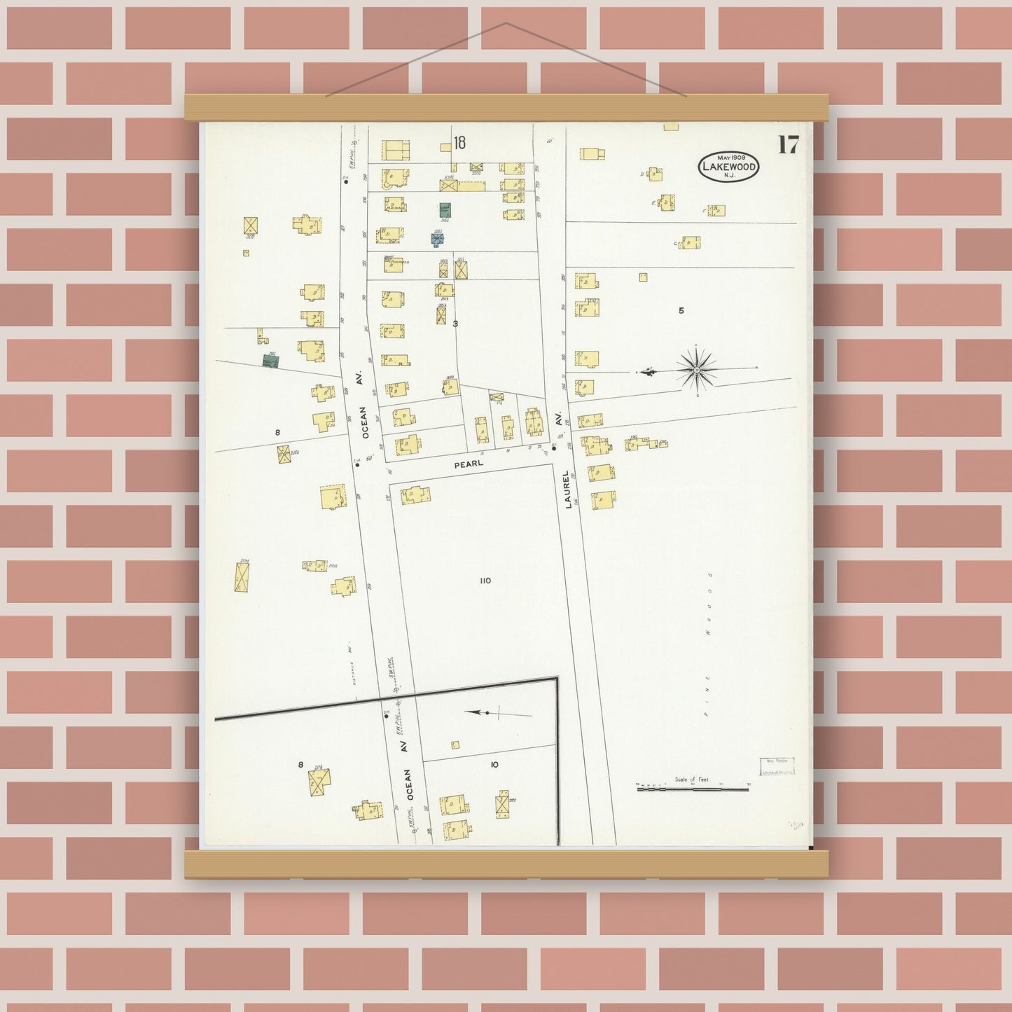 Old map wall art mockup — magnetic wood frame on brick wall — Sanborn Fire Insurance Map from Lakewood, Ocean County, New Jersey (1909), Sheet #0017