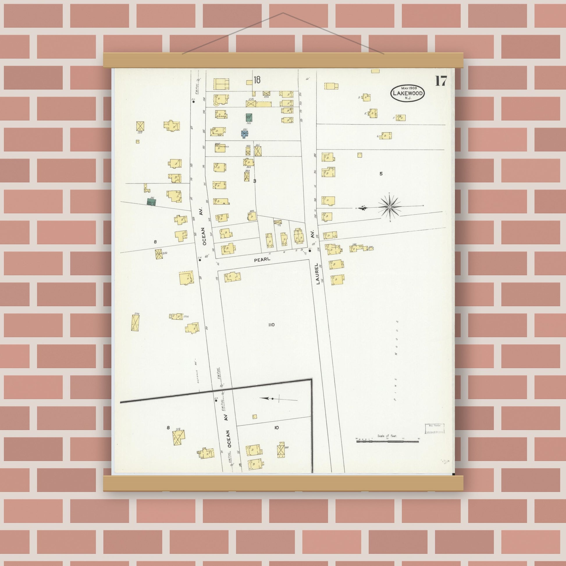 Old map wall art mockup — magnetic wood frame on brick wall — Sanborn Fire Insurance Map from Lakewood, Ocean County, New Jersey (1909), Sheet #0017