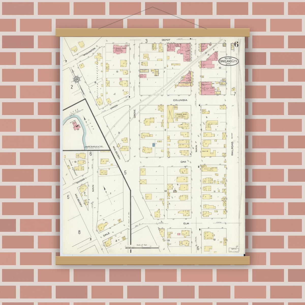 Old map wall art mockup — magnetic wood frame on brick wall — Sanborn Fire Insurance Map from Oakland City, Gibson County, Indiana (1913), Sheet #0006