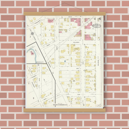 Old map wall art mockup — magnetic wood frame on brick wall — Sanborn Fire Insurance Map from Oakland City, Gibson County, Indiana (1913), Sheet #0006