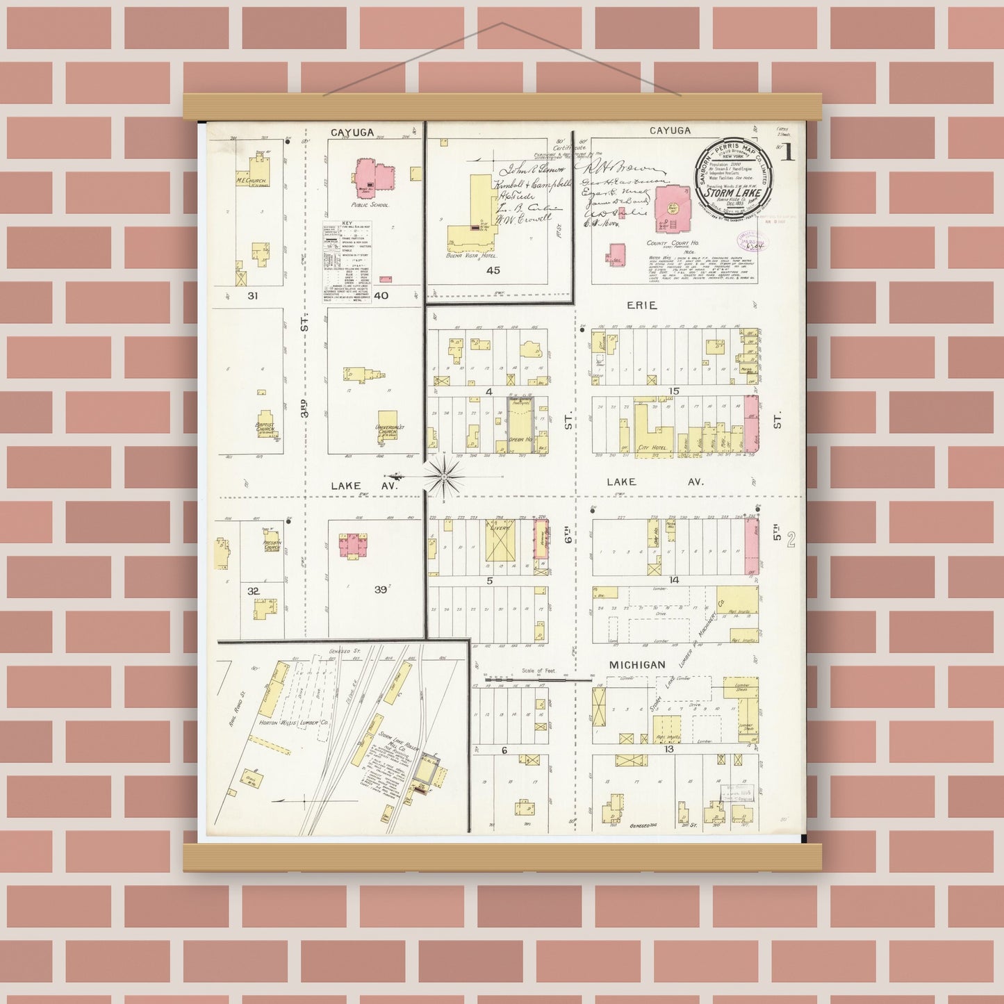 Old map wall art mockup — magnetic wood frame on brick wall — Sanborn Fire Insurance Map from Storm Lake, Buena Vista County, Iowa (1893), Sheet #0001