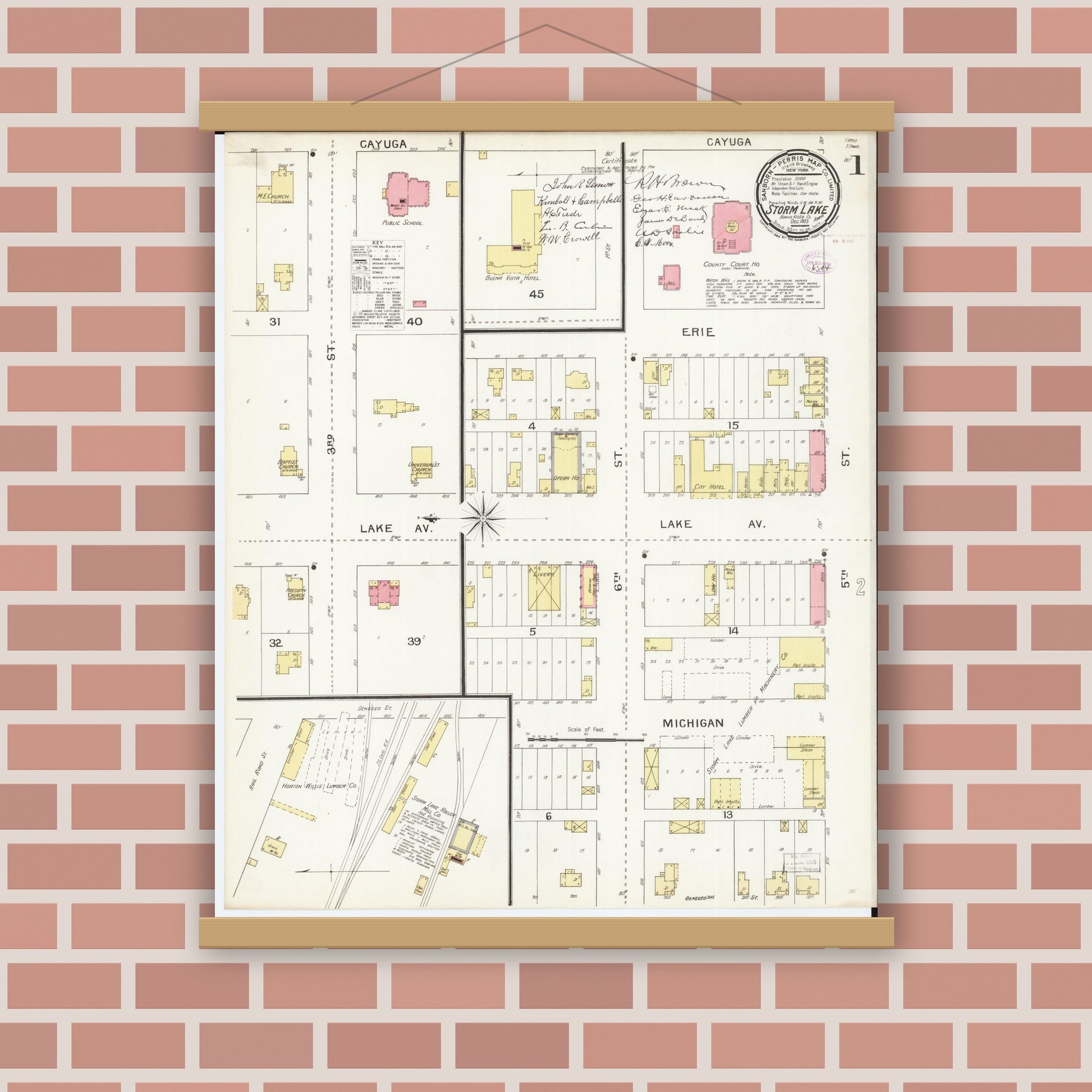 Old map wall art mockup — magnetic wood frame on brick wall — Sanborn Fire Insurance Map from Storm Lake, Buena Vista County, Iowa (1893), Sheet #0001