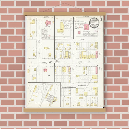 Old map wall art mockup — magnetic wood frame on brick wall — Sanborn Fire Insurance Map from Storm Lake, Buena Vista County, Iowa (1893), Sheet #0001