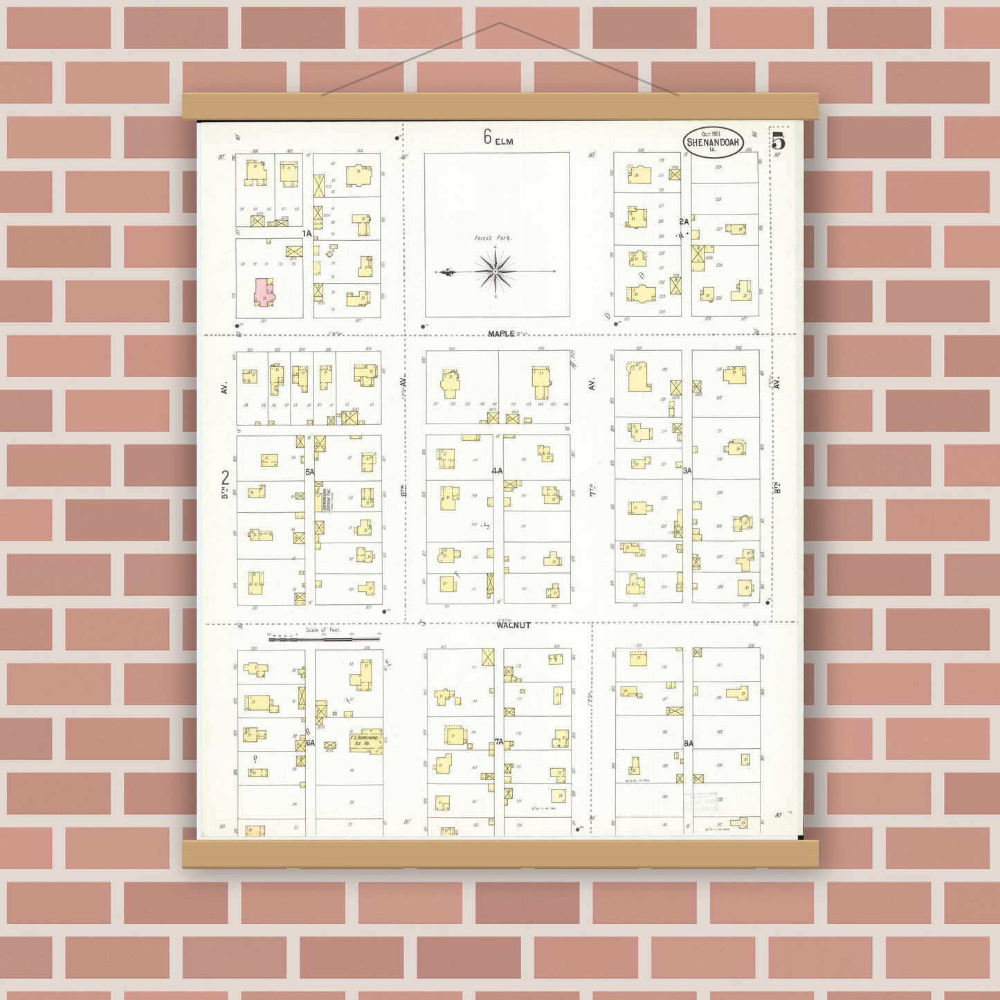 Old map wall art mockup — magnetic wood frame on brick wall — Sanborn Fire Insurance Map from Shenandoah, Page County, Iowa (1901), Sheet #0005