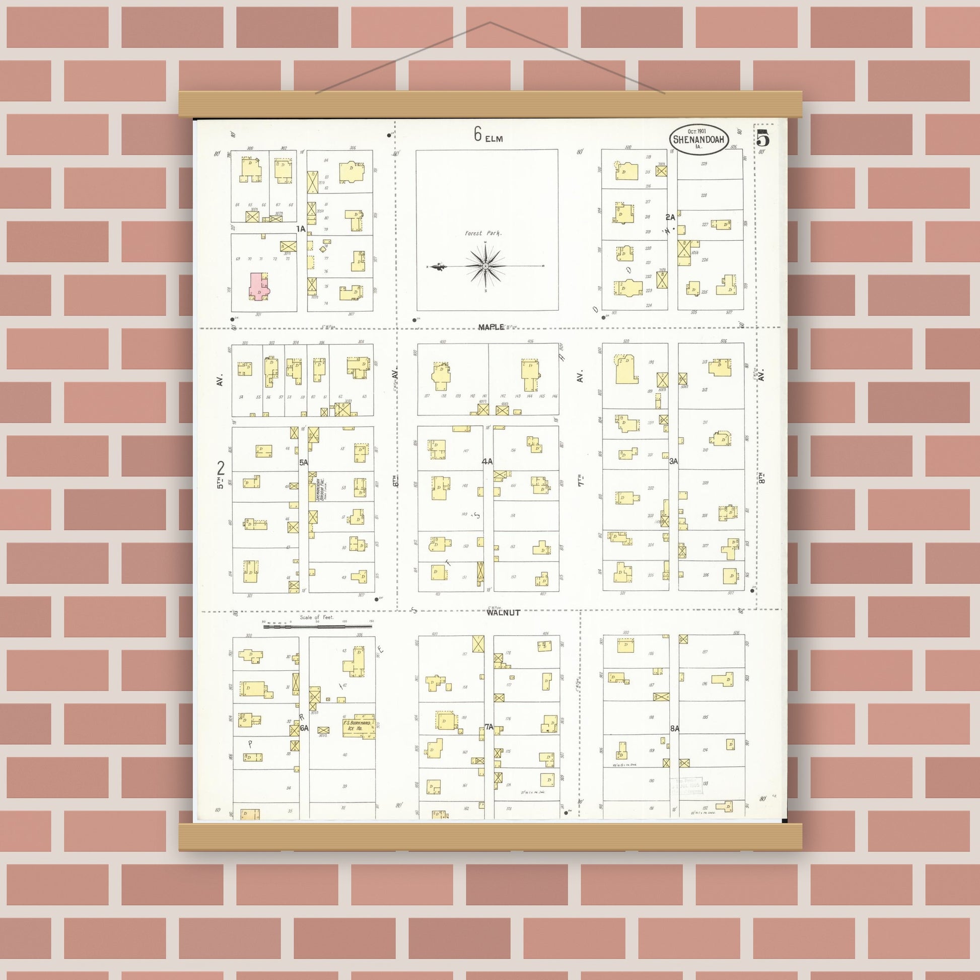 Old map wall art mockup — magnetic wood frame on brick wall — Sanborn Fire Insurance Map from Shenandoah, Page County, Iowa (1901), Sheet #0005
