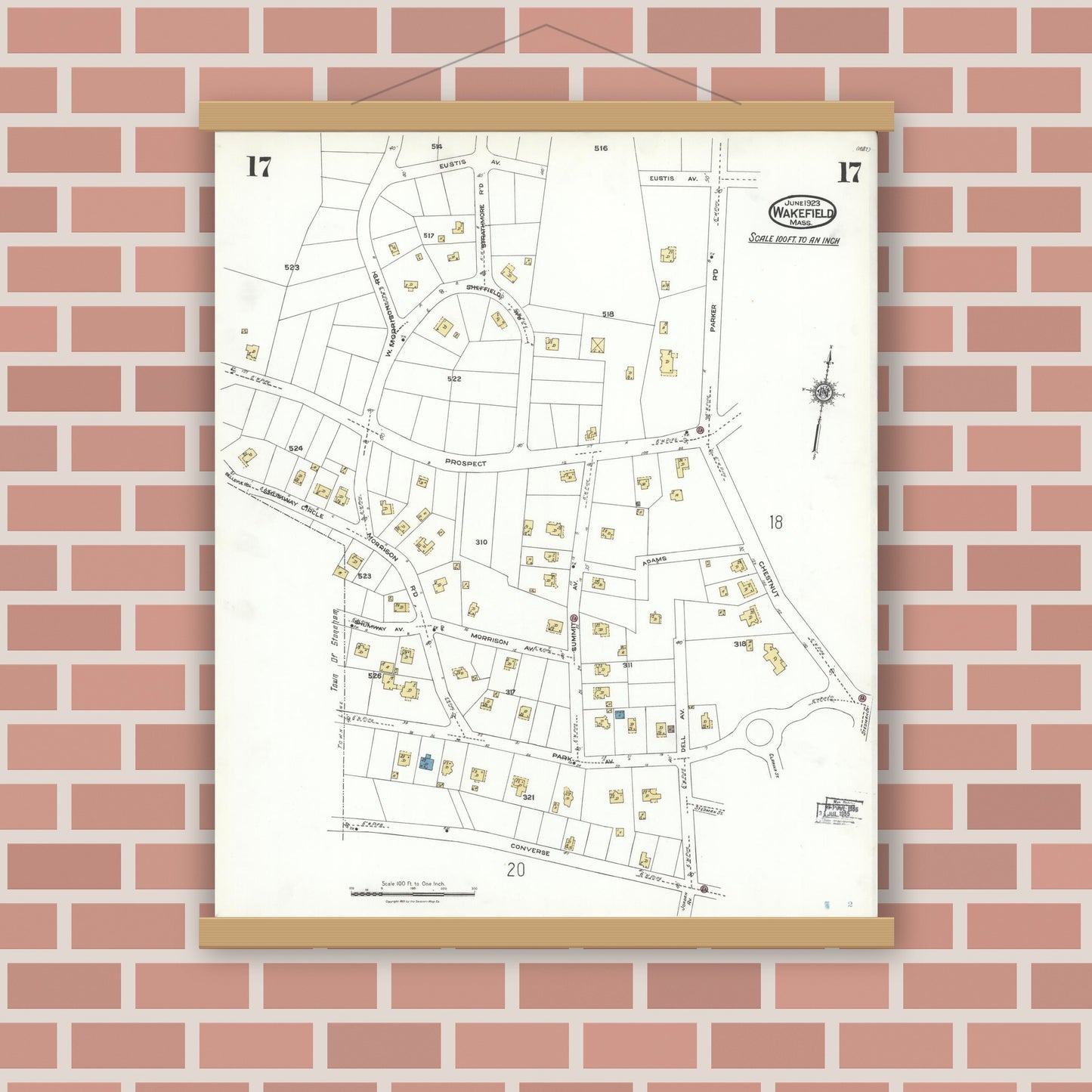 Old map wall art mockup — magnetic wood frame on brick wall — Sanborn Fire Insurance Map from Wakefield, Middlesex County, Massachusetts (1923), Sheet #0017