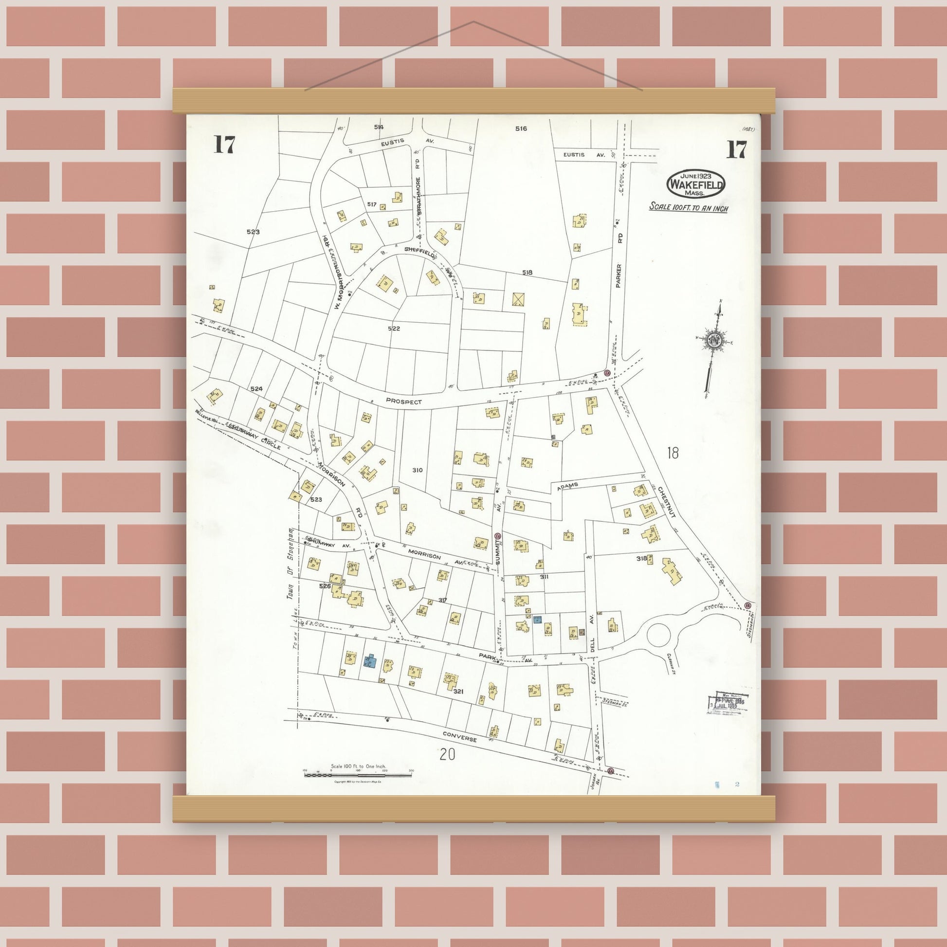 Old map wall art mockup — magnetic wood frame on brick wall — Sanborn Fire Insurance Map from Wakefield, Middlesex County, Massachusetts (1923), Sheet #0017
