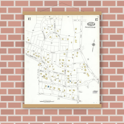 Old map wall art mockup — magnetic wood frame on brick wall — Sanborn Fire Insurance Map from Wakefield, Middlesex County, Massachusetts (1923), Sheet #0017