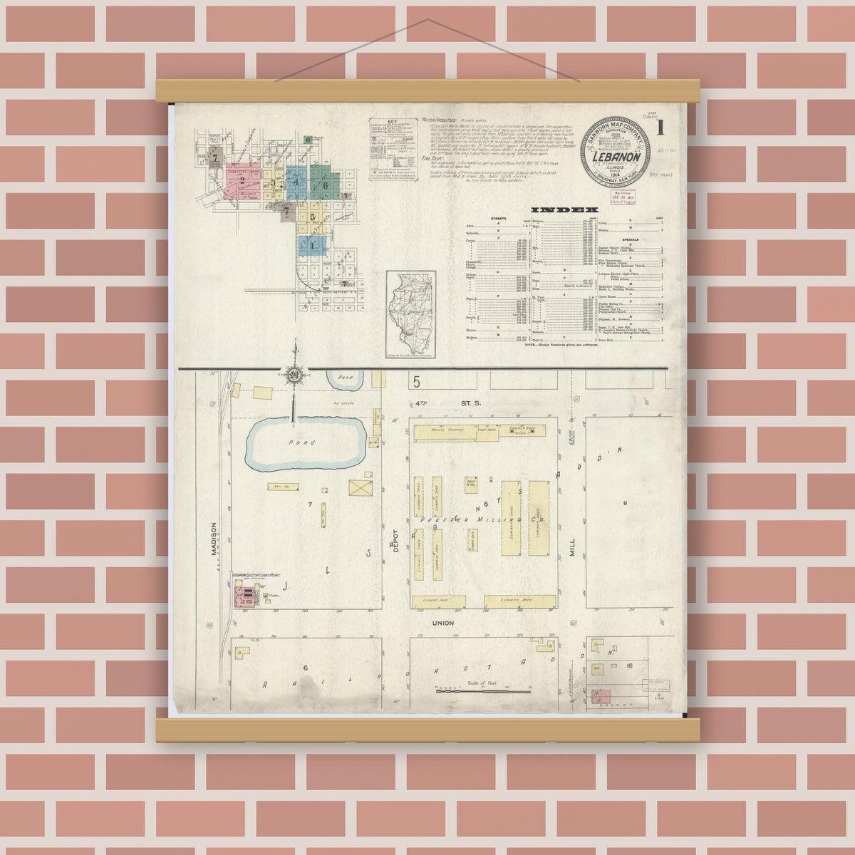 Old map wall art mockup — magnetic wood frame on brick wall — Sanborn Fire Insurance Map from Lebanon, Saint Clair County, Illinois (1914) - Complete Map Set