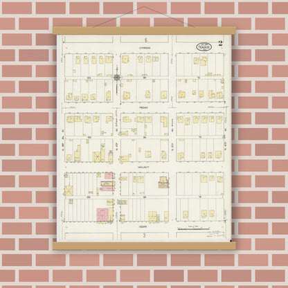 Old map wall art mockup — magnetic wood frame on brick wall — Sanborn Fire Insurance Map from Teague, Freestone County, Texas (1914), Sheet #0002