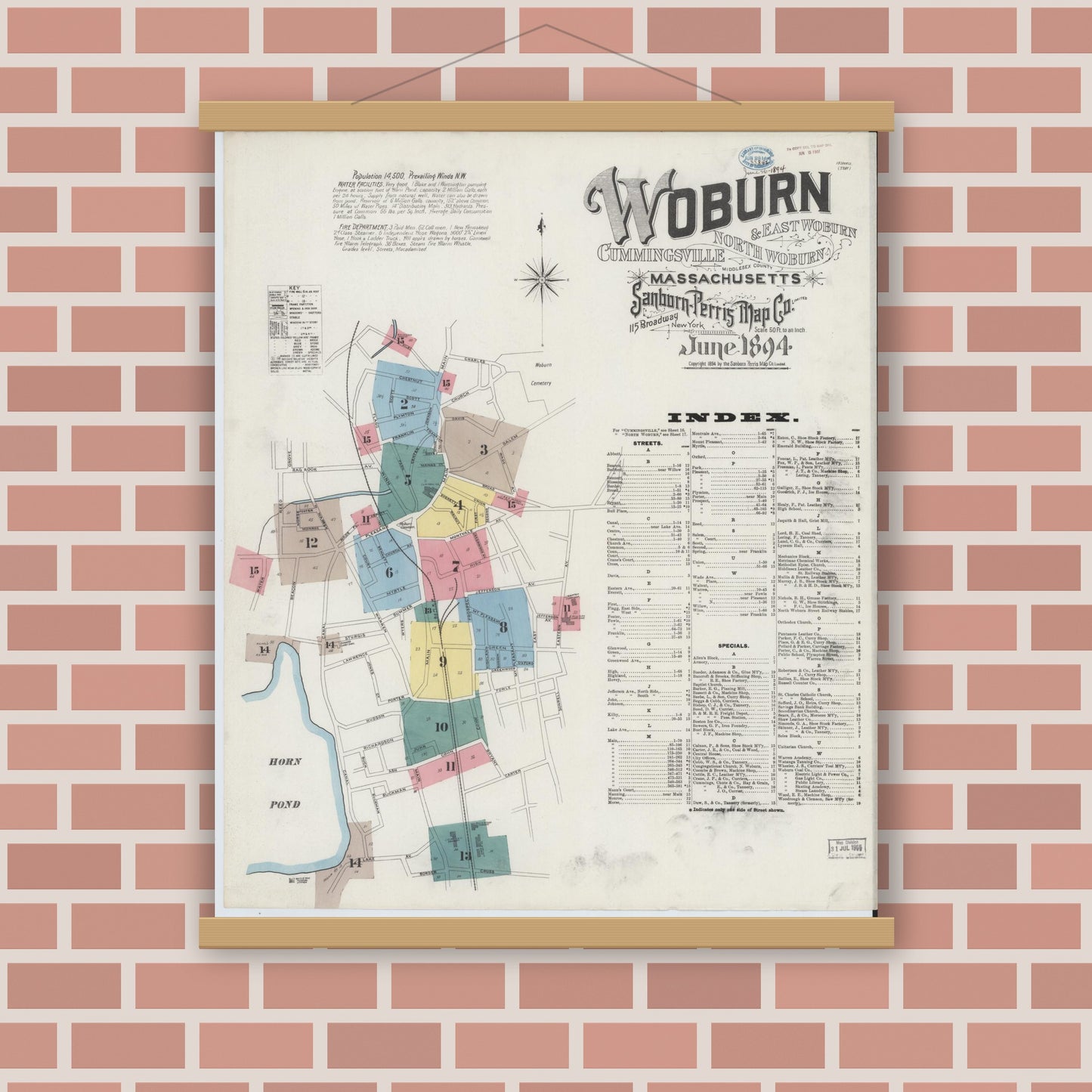 Old map wall art mockup — magnetic wood frame on brick wall — Sanborn Fire Insurance Map from Woburn, Middlesex County, Massachusetts (1894), Sheet #0001