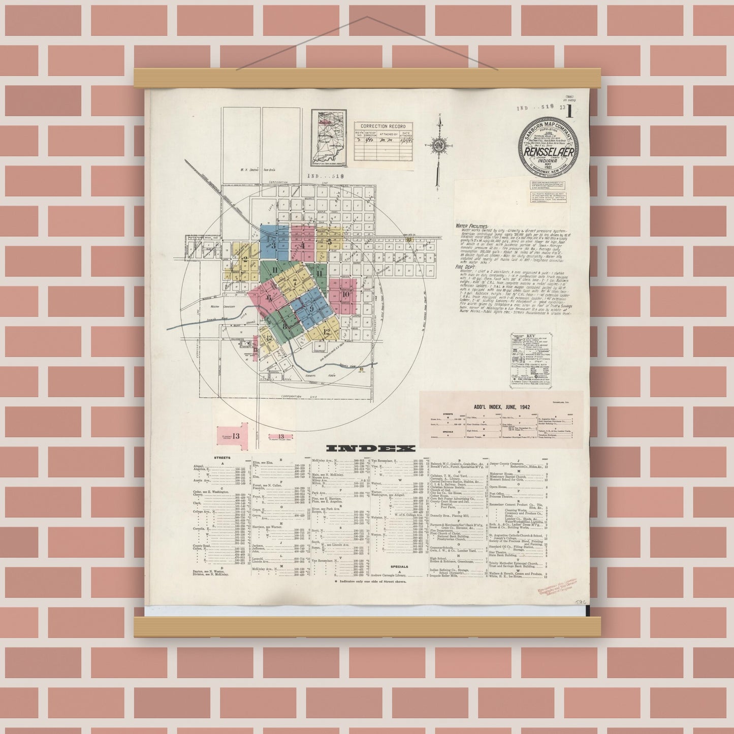 Old map wall art mockup — magnetic wood frame on brick wall — Sanborn Fire Insurance Map from Rensselaer, Jasper County, Indiana (1942) - Complete Map Set