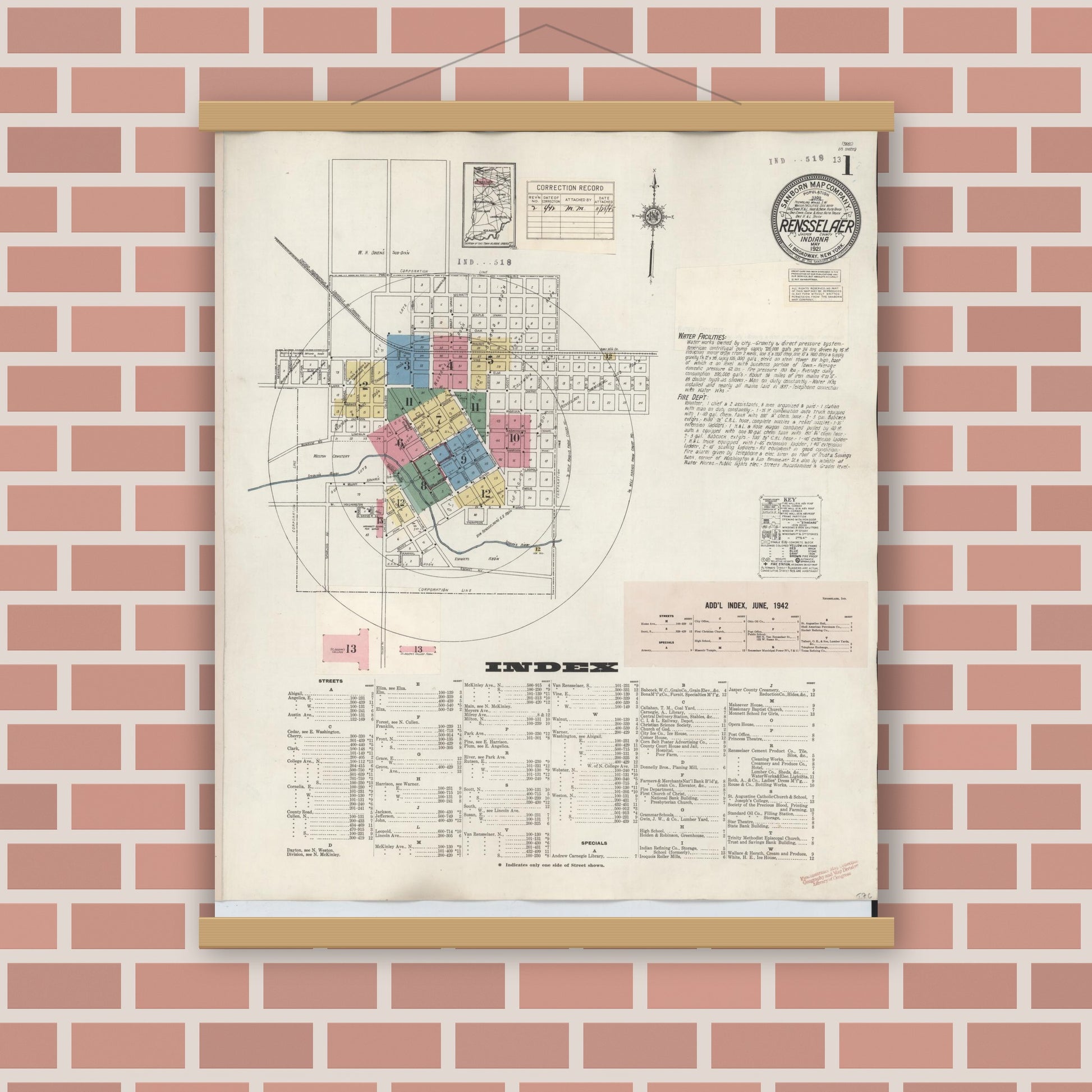 Old map wall art mockup — magnetic wood frame on brick wall — Sanborn Fire Insurance Map from Rensselaer, Jasper County, Indiana (1942) - Complete Map Set