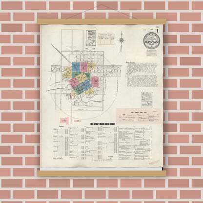 Old map wall art mockup — magnetic wood frame on brick wall — Sanborn Fire Insurance Map from Rensselaer, Jasper County, Indiana (1942) - Complete Map Set