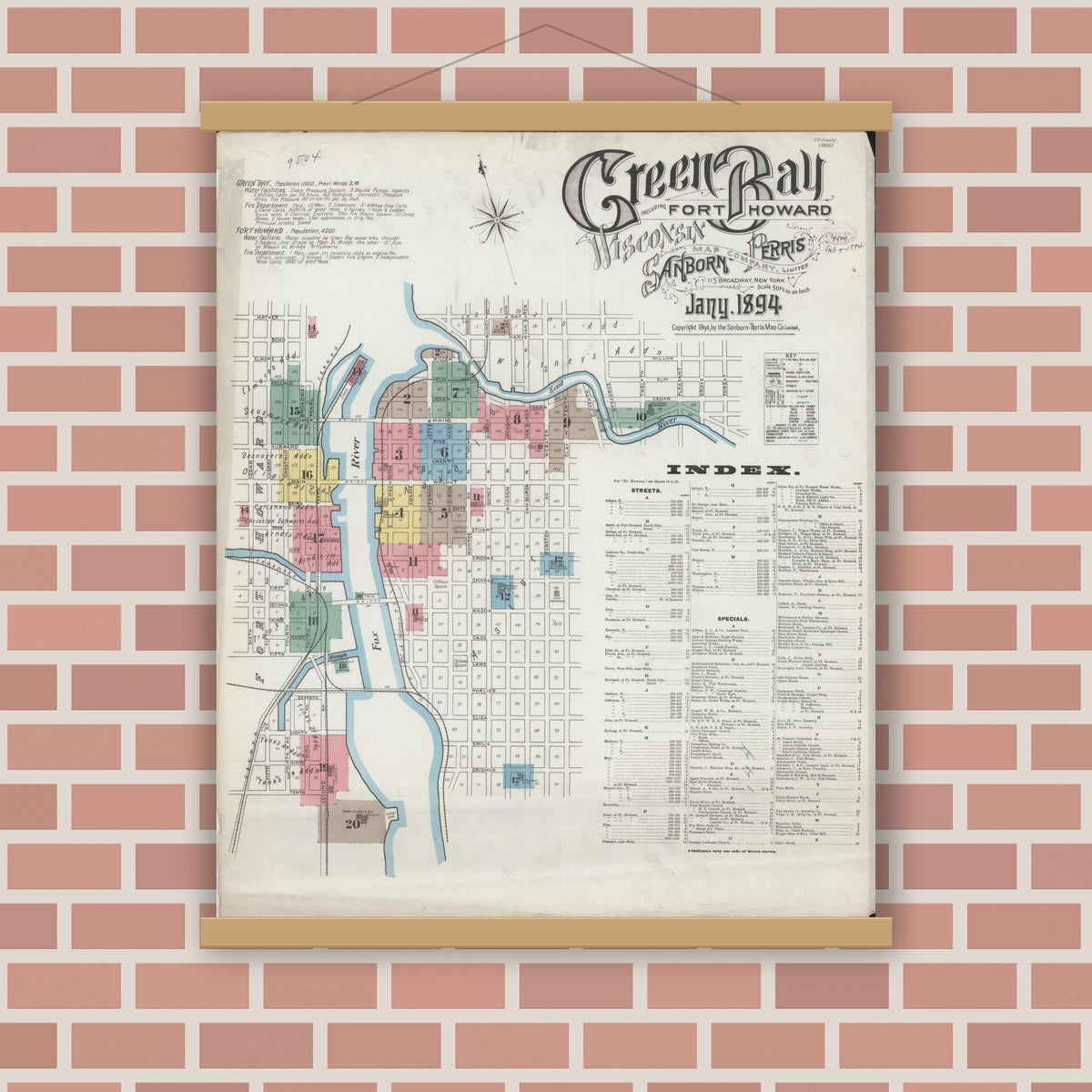 Old map wall art mockup — magnetic wood frame on brick wall — Sanborn Fire Insurance Map from Green Bay, Brown County, Wisconsin (1894), Sheet #0001
