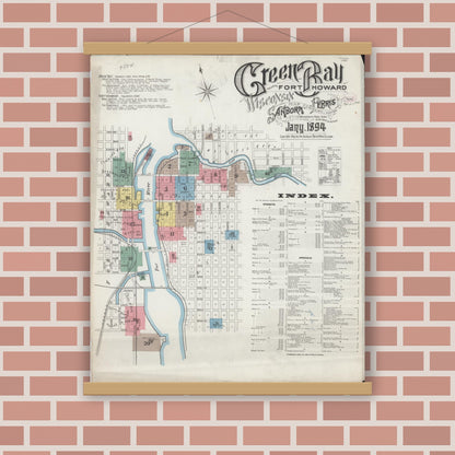 Old map wall art mockup — magnetic wood frame on brick wall — Sanborn Fire Insurance Map from Green Bay, Brown County, Wisconsin (1894), Sheet #0001