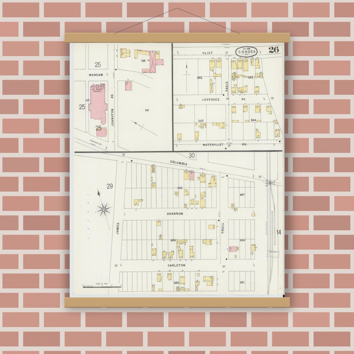 Old map wall art mockup — magnetic wood frame on brick wall — Sanborn Fire Insurance Map from Cohoes, Albany County, New York (1896), Sheet #0026