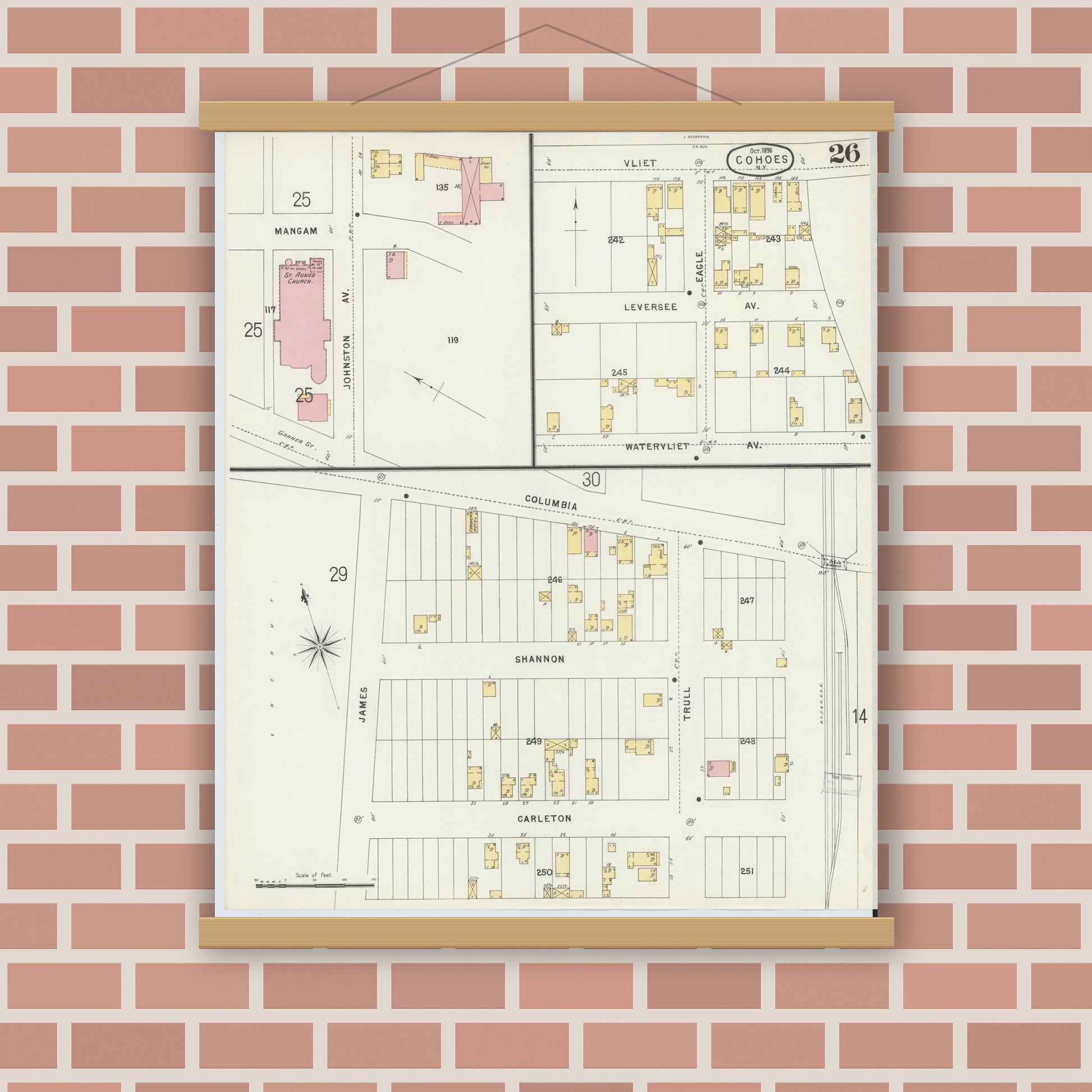 Old map wall art mockup — magnetic wood frame on brick wall — Sanborn Fire Insurance Map from Cohoes, Albany County, New York (1896), Sheet #0026