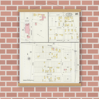 Old map wall art mockup — magnetic wood frame on brick wall — Sanborn Fire Insurance Map from Cohoes, Albany County, New York (1896), Sheet #0026
