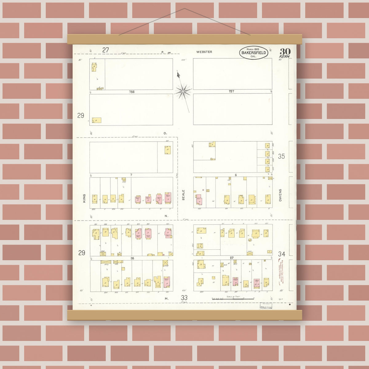 Old map wall art mockup — magnetic wood frame on brick wall — Sanborn Fire Insurance Map from Bakersfield, Kern County, California (1905), Sheet #0030