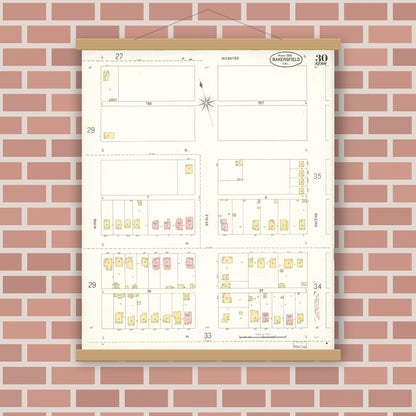 Old map wall art mockup — magnetic wood frame on brick wall — Sanborn Fire Insurance Map from Bakersfield, Kern County, California (1905), Sheet #0030