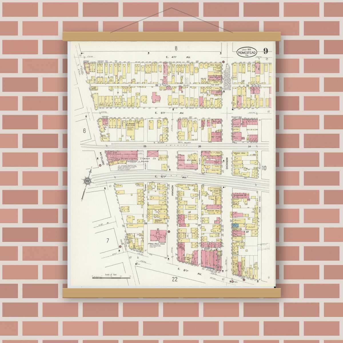 Old map wall art mockup — magnetic wood frame on brick wall — Sanborn Fire Insurance Map from Homestead, Allegheny County, Pennsylvania (1913), Sheet #0009