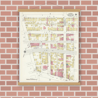 Old map wall art mockup — magnetic wood frame on brick wall — Sanborn Fire Insurance Map from Homestead, Allegheny County, Pennsylvania (1913), Sheet #0009