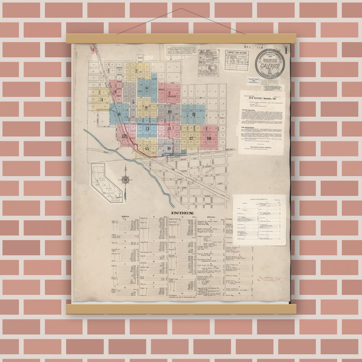 Old map wall art mockup — magnetic wood frame on brick wall — Sanborn Fire Insurance Map from Calexico, Imperial County, California (1949) - Complete Map Set