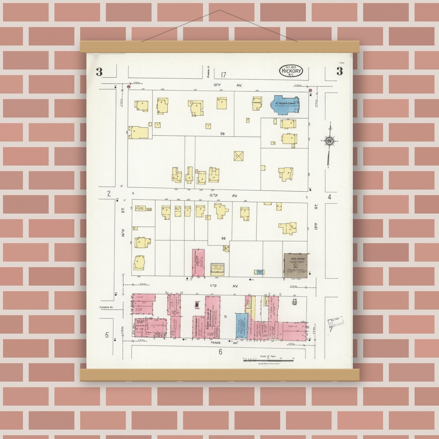 Old map wall art mockup — magnetic wood frame on brick wall — Sanborn Fire Insurance Map from Hickory, Catawba County, North Carolina (1925), Sheet #0003