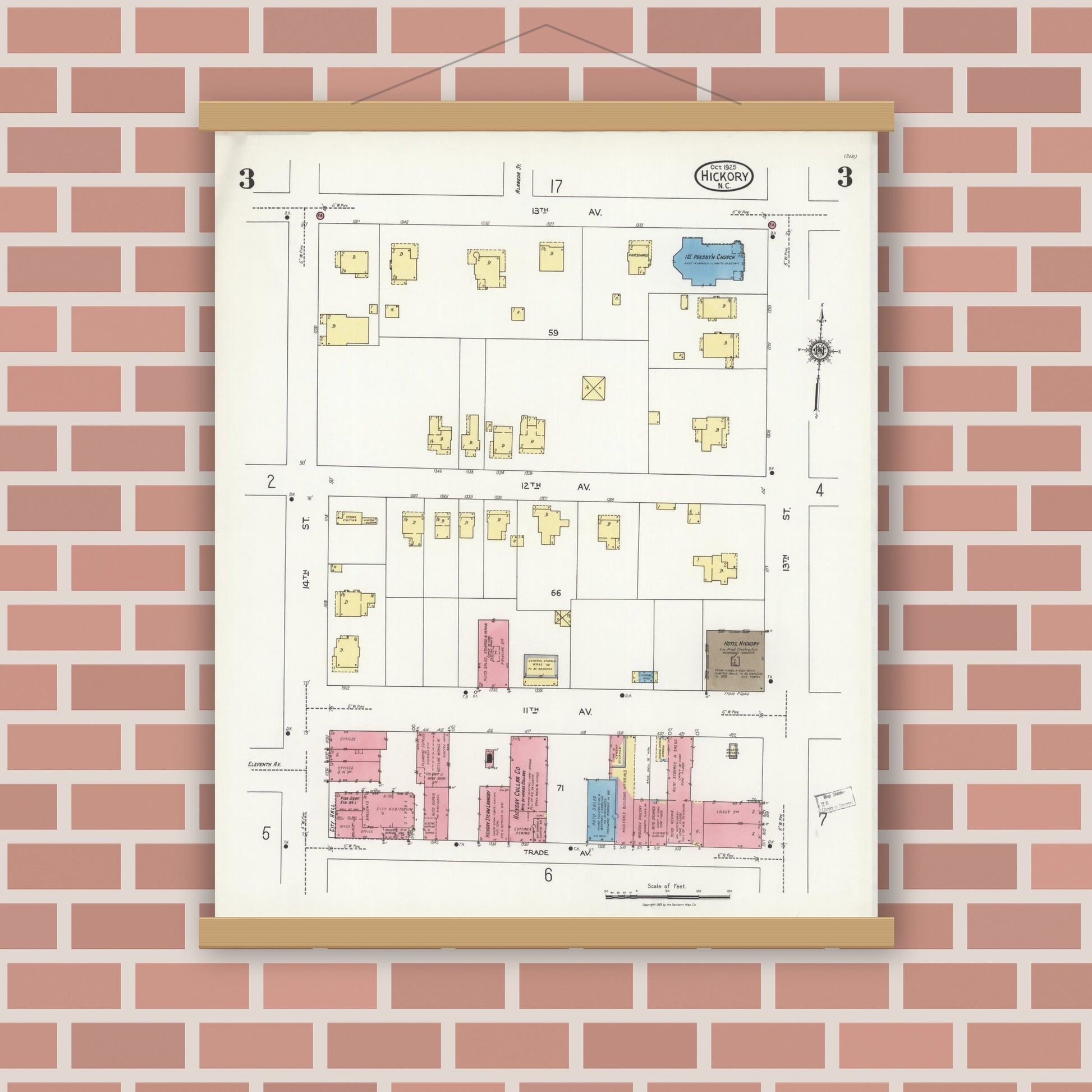 Old map wall art mockup — magnetic wood frame on brick wall — Sanborn Fire Insurance Map from Hickory, Catawba County, North Carolina (1925), Sheet #0003