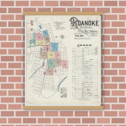 Old map wall art mockup — magnetic wood frame on brick wall — Sanborn Fire Insurance Map from Roanoke, Independent Cities, Virginia (1889) - Complete Map Set