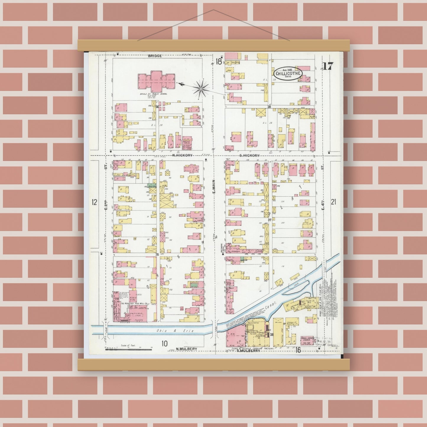 Old map wall art mockup — magnetic wood frame on brick wall — Sanborn Fire Insurance Map from Chillicothe, Ross County, Ohio (1900), Sheet #0017