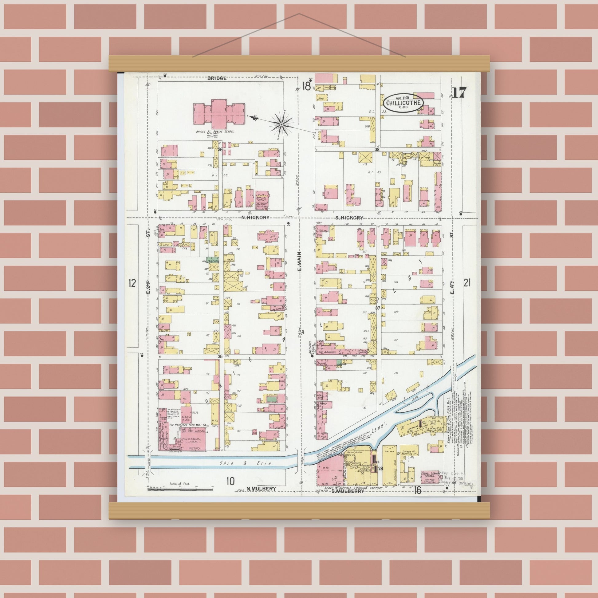 Old map wall art mockup — magnetic wood frame on brick wall — Sanborn Fire Insurance Map from Chillicothe, Ross County, Ohio (1900), Sheet #0017