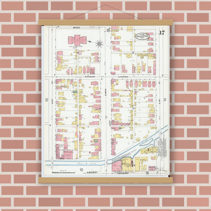 Old map wall art mockup — magnetic wood frame on brick wall — Sanborn Fire Insurance Map from Chillicothe, Ross County, Ohio (1900), Sheet #0017