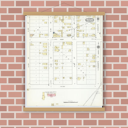 Old map wall art mockup — magnetic wood frame on brick wall — Sanborn Fire Insurance Map from Manistique, Schoolcraft County, Michigan (1914), Sheet #0011